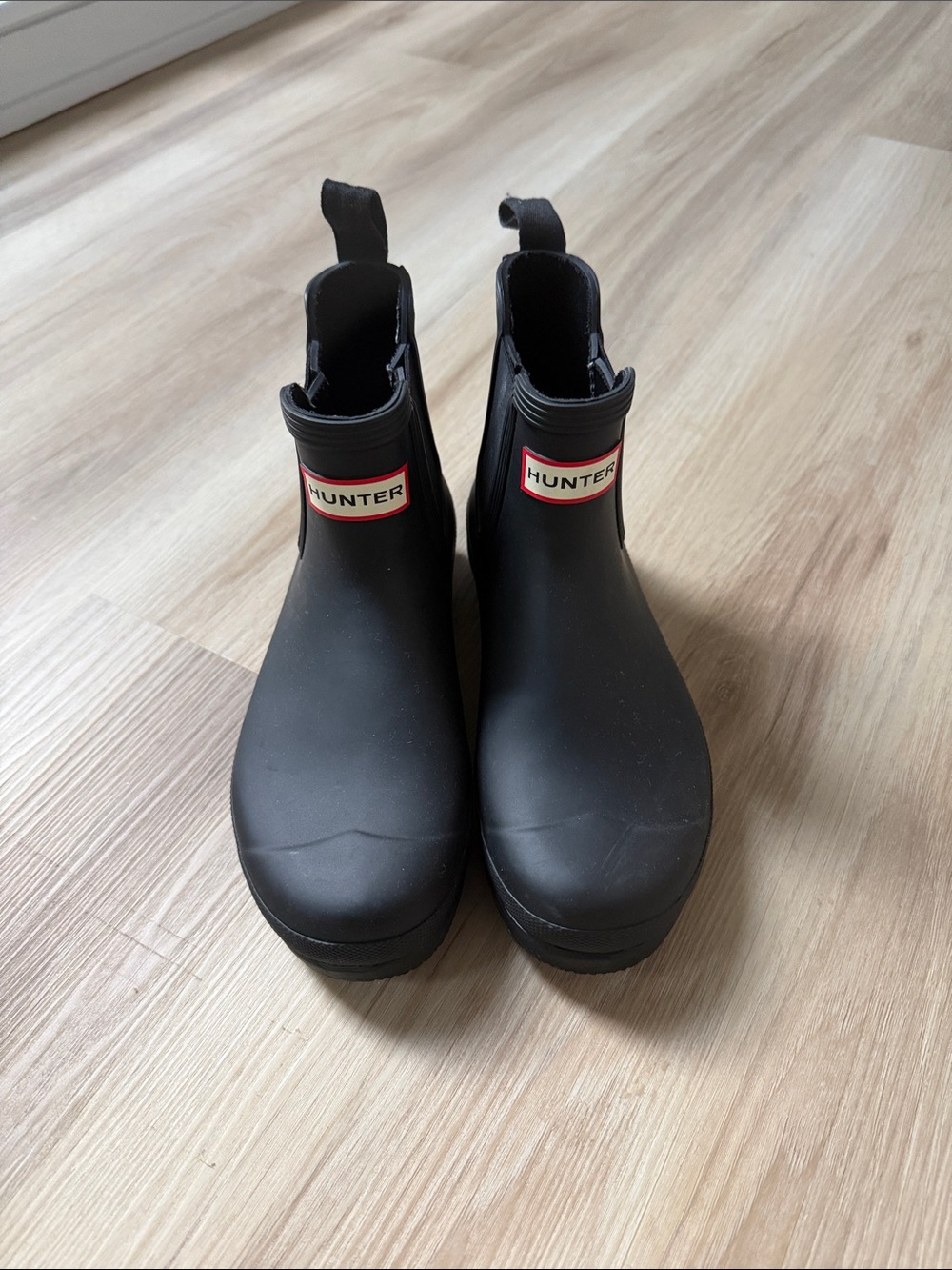Hunter Black Chelsea Rain Boots with Red Logo